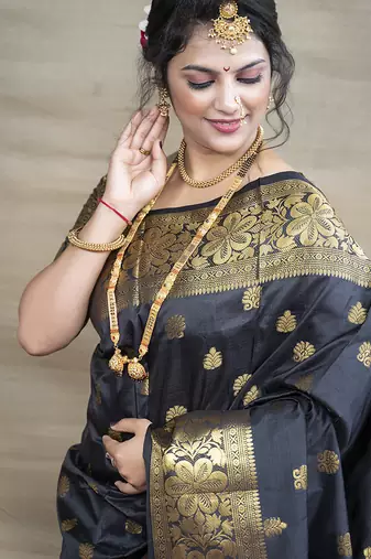 Black banarasi silk blend saree with golden zari work