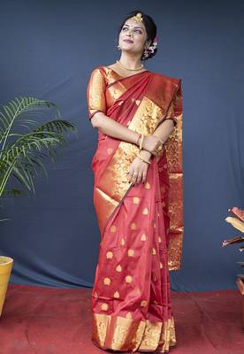 Red banarasi silk blend saree with golden zari work 1