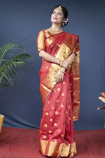 Red banarasi silk blend saree with golden zari work
