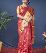 Red banarasi silk blend saree with golden zari work