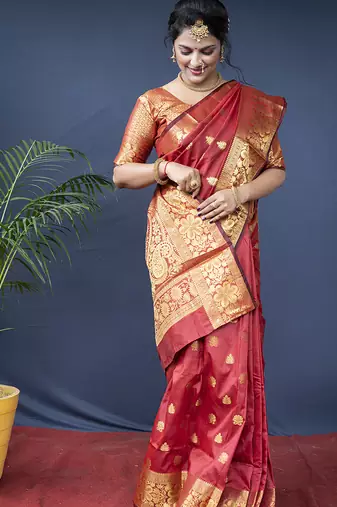 Red banarasi silk blend saree with golden zari work