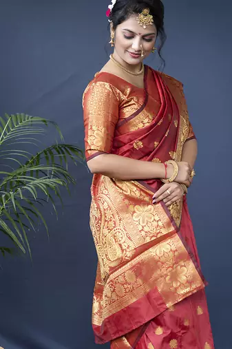 Red banarasi silk blend saree with golden zari work