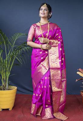 Rani pink banarasi silk blend saree with golden zari work 1