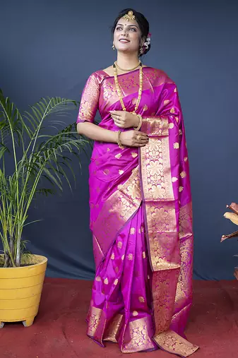 Rani pink banarasi silk blend saree with golden zari work