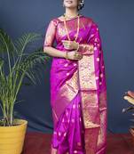 Rani pink banarasi silk blend saree with golden zari work