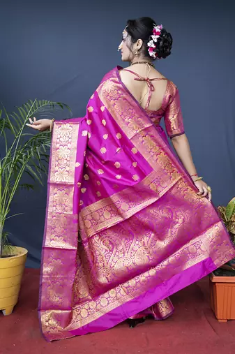 Rani pink banarasi silk blend saree with golden zari work
