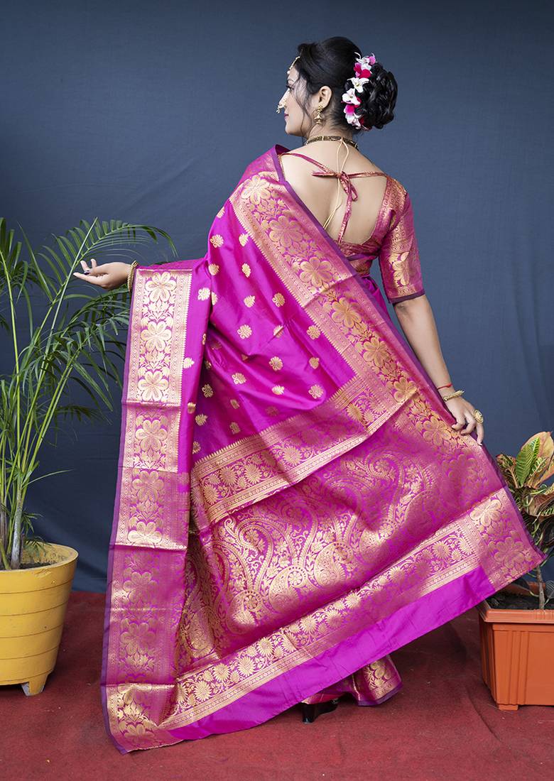 Rani pink banarasi silk blend saree with golden zari work