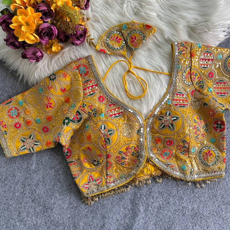Yellow apple cut heavy coding work blouse