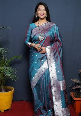 Teal blue paithani silk blend saree with silver zari border 1