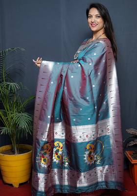 Teal blue paithani silk blend saree with silver zari border 2