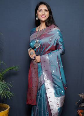 Teal blue paithani silk blend saree with silver zari border 3