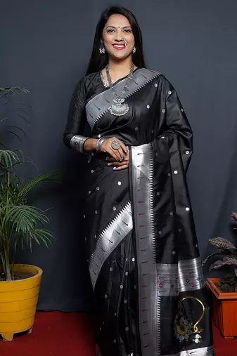 Black paithani silk blend saree with silver zari border