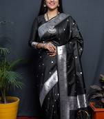 Black paithani silk blend saree with silver zari border