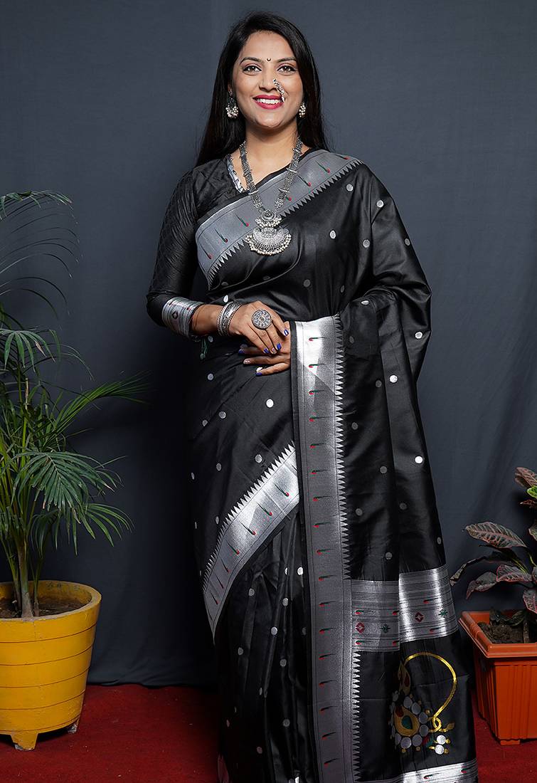 Black paithani silk blend saree with silver zari border