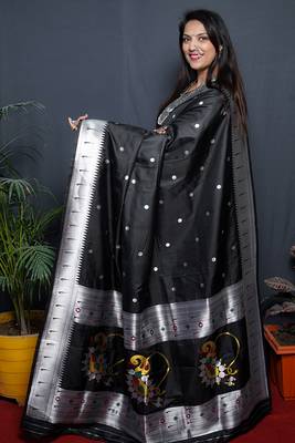 Black paithani silk blend saree with silver zari border 2