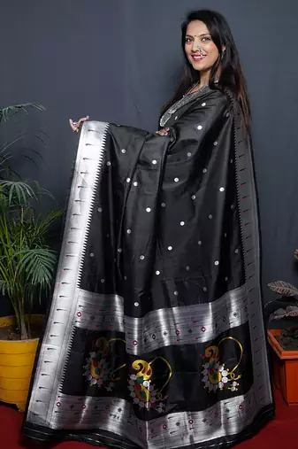 Black paithani silk blend saree with silver zari border
