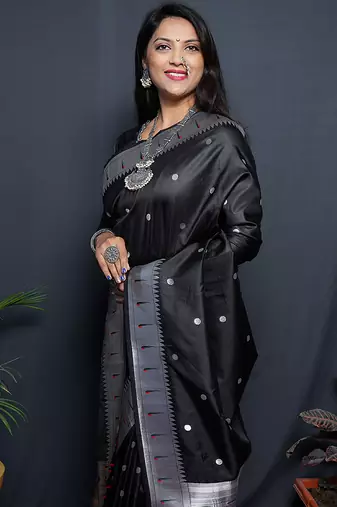 Black paithani silk blend saree with silver zari border