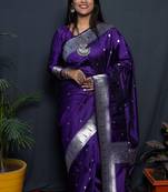 Purple paithani silk blend saree with silver zari border