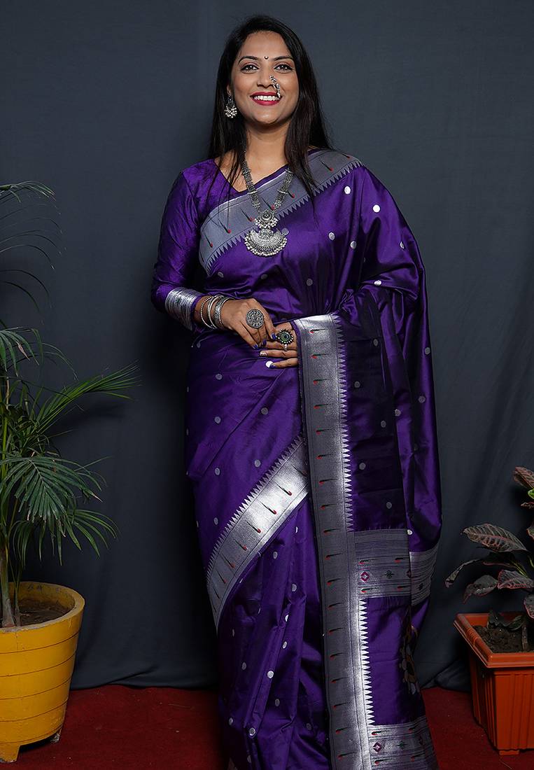 Purple paithani silk blend saree with silver zari border