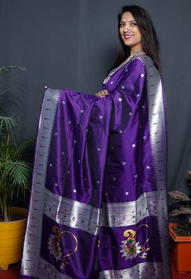 Purple paithani silk blend saree with silver zari border 2