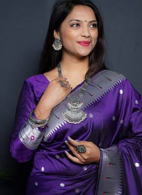 Purple paithani silk blend saree with silver zari border 3