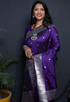 Purple paithani silk blend saree with silver zari border 4