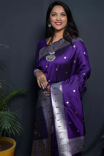 Purple paithani silk blend saree with silver zari border