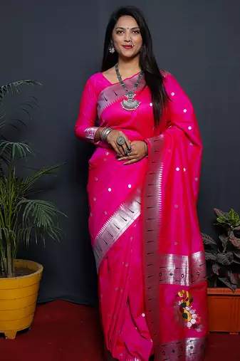Rani pink paithani silk blend saree with silver zari border