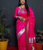 Rani pink paithani silk blend saree with silver zari border