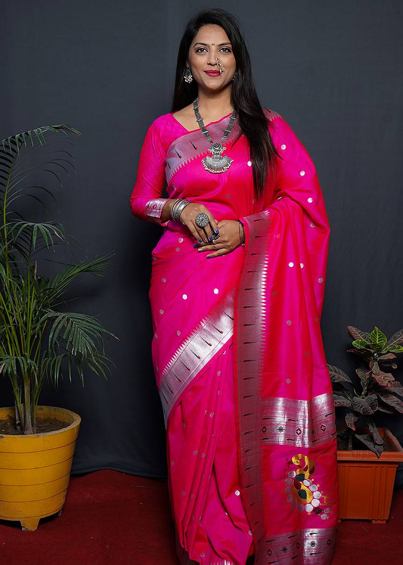 Rani pink paithani silk blend saree with silver zari border