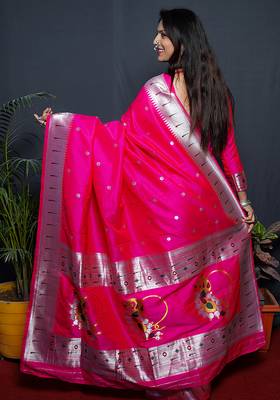 Rani pink paithani silk blend saree with silver zari border 2