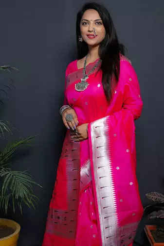 Rani pink paithani silk blend saree with silver zari border