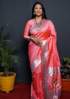 Peach paithani silk blend saree with silver zari border 1