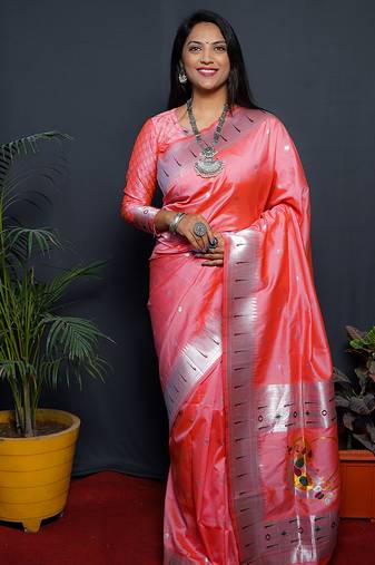 Peach paithani silk blend saree with silver zari border
