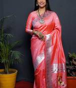 Peach paithani silk blend saree with silver zari border