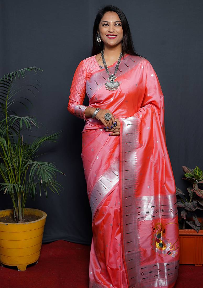 Peach paithani silk blend saree with silver zari border