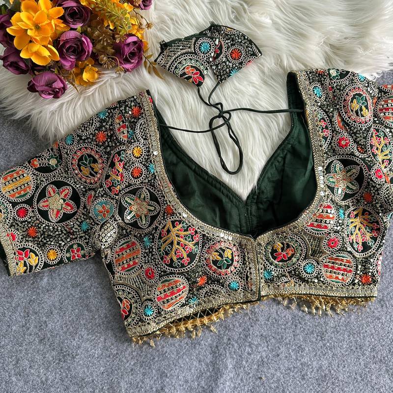 Green apple cut heavy coding work blouse