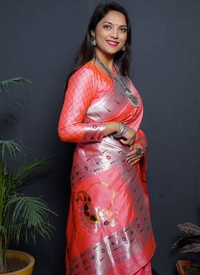 Peach paithani silk blend saree with silver zari border 3