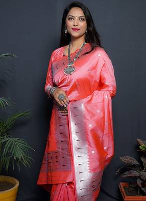 Peach paithani silk blend saree with silver zari border 4