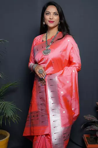 Peach paithani silk blend saree with silver zari border