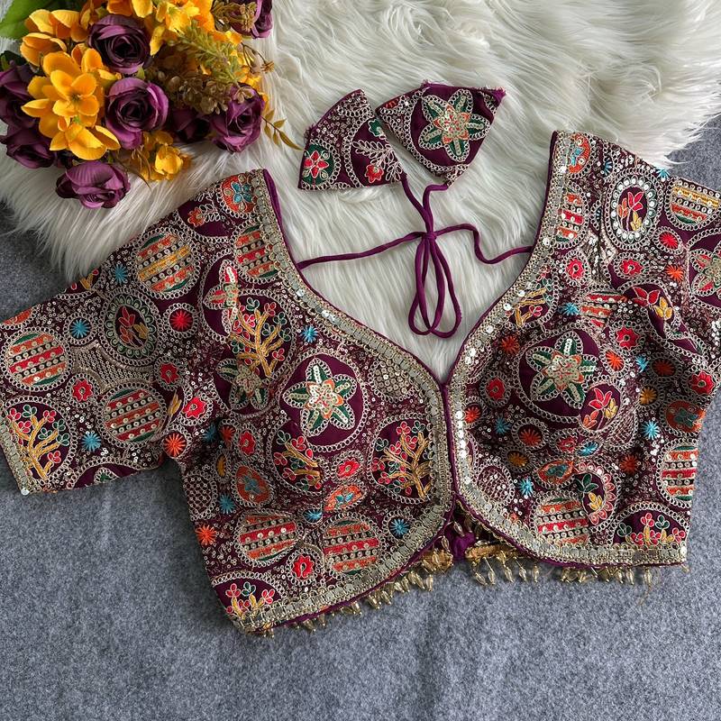 Purple apple cut heavy coding work blouse