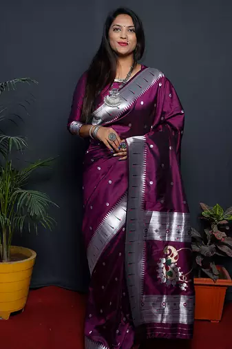 Wine paithani silk blend saree with silver zari border