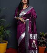 Wine paithani silk blend saree with silver zari border