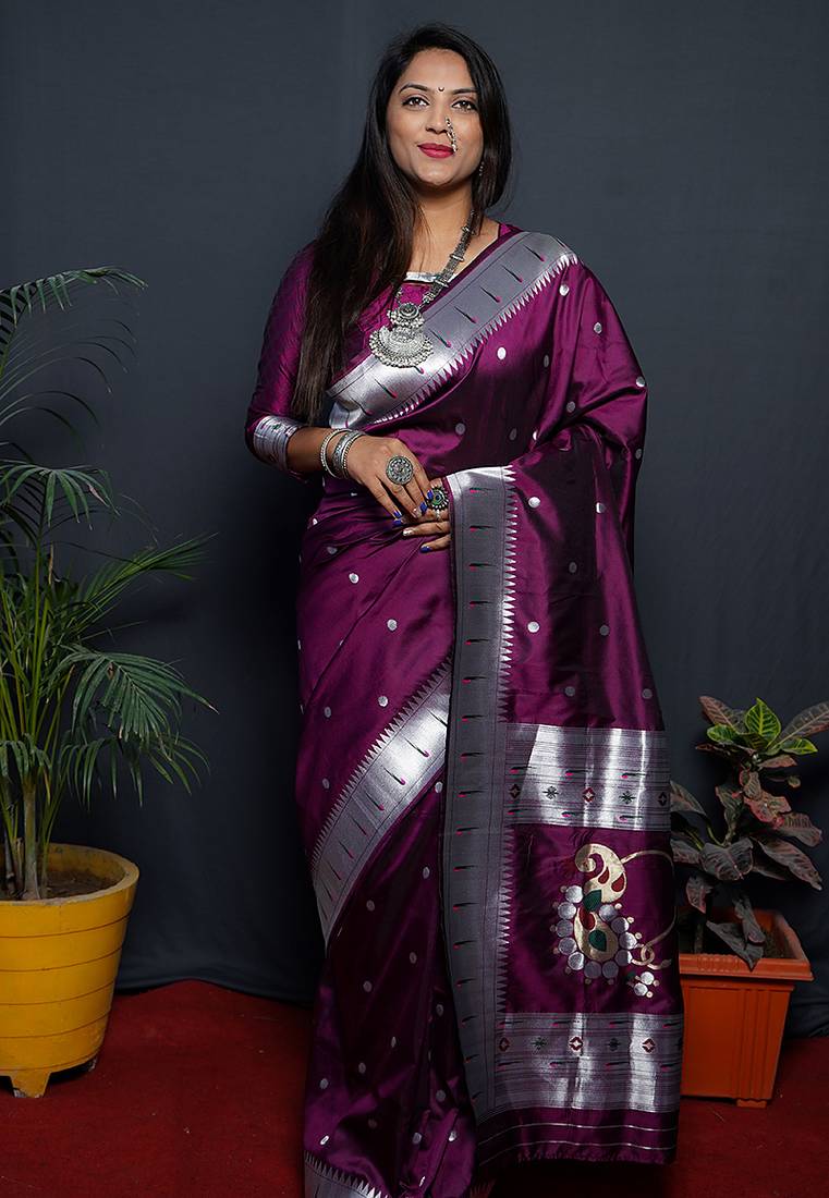 Wine paithani silk blend saree with silver zari border