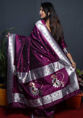 Wine paithani silk blend saree with silver zari border 2
