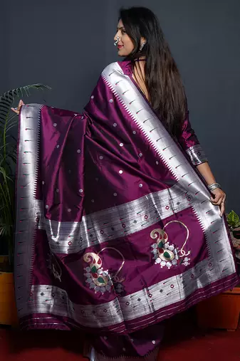 Wine paithani silk blend saree with silver zari border