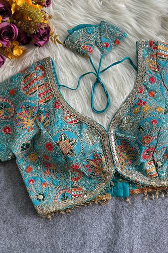 Blue apple cut heavy coding work blouse