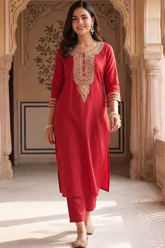Women Embroidered Regular Thread Work Liva Kurta with Trousers