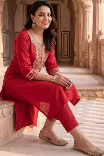 Women Embroidered Regular Thread Work Liva Kurta with Trousers