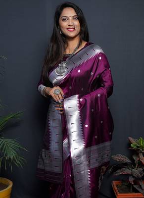 Wine paithani silk blend saree with silver zari border 3